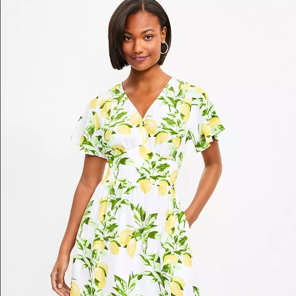 LOFT | Lemon Flutter V-Neck Pocket Dress | Size 4